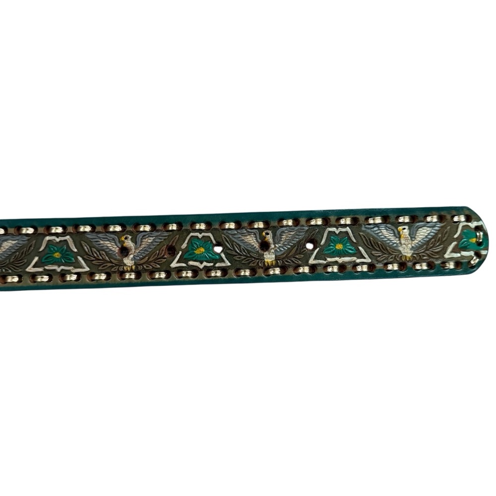 VTG Western Mallory Tooled Whip Stitched Belt Turquoise Green Brown 32, 38, 40 - Picture 7 of 15